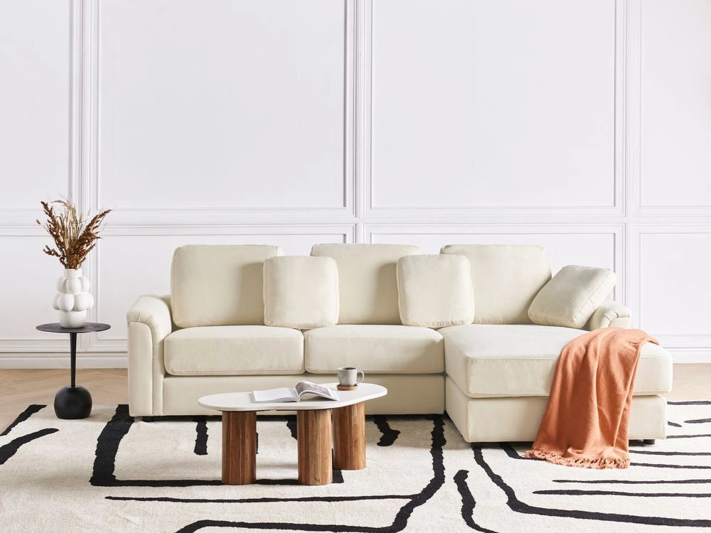Divano moderno ad angolo con gambe in plastica in tessuto beige chiaro lato sinistro