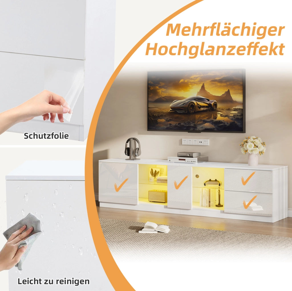 Mobile TV bianco lucido 160x40x52 cm con LED, 2 cassetti e anta