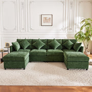 Divano modulare convertibile in U o L con 2 pouf e 6 cuscini in chenille verde