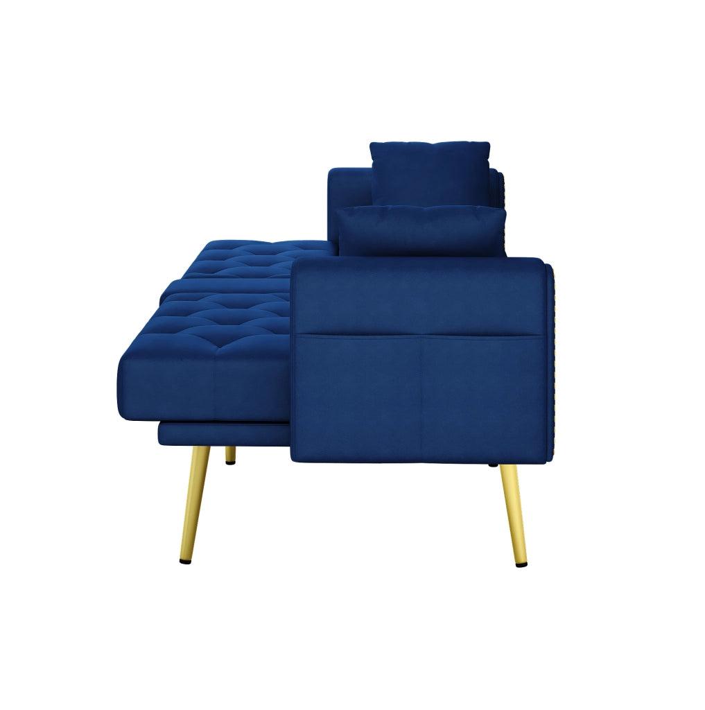 Divano letto multifunzione 175x80x73;5 cm in velluto blu con schienale regolabile