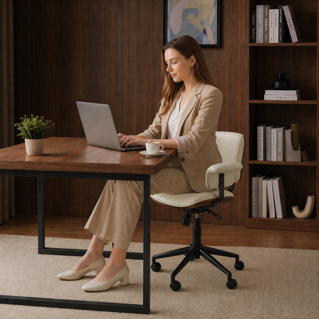 Sedia da ufficio girevole moderna con ruote, braccioli imbottiti e cuciture a mano in pelle PU e metallo beige