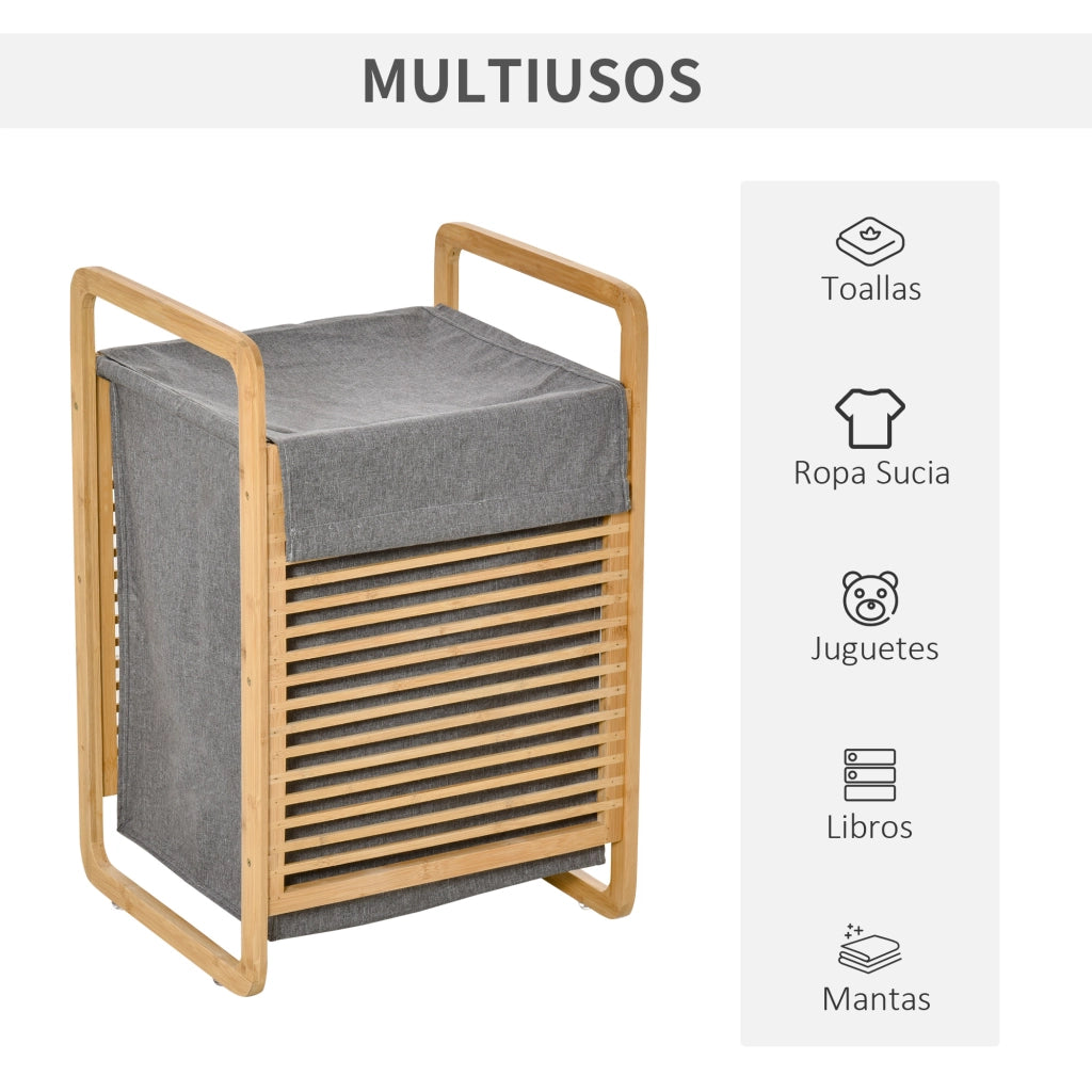 Cesto per bucato in bamb¨´ con tapa e sacchetto estraibile ¨C zephmum ¨C naturale e grigio 40x35.5x60.5 cm