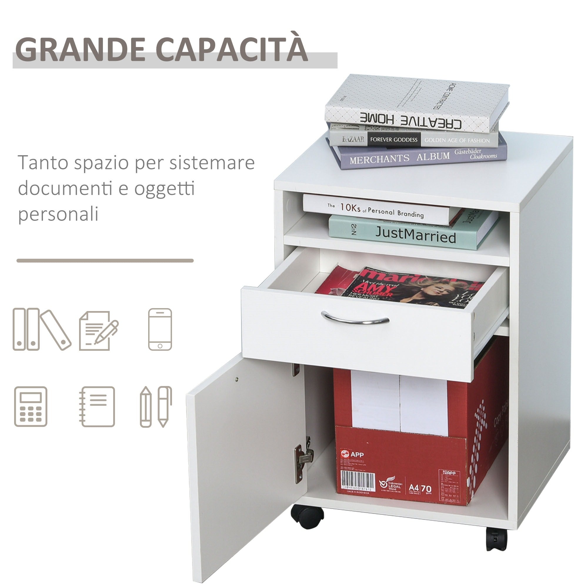 Easycomfort Cassettiera Portadocumenti da Ufficio in Legno Bianco con 2 Cassetti, 4 Ruote Ominidirezionali, 40 x 35 x 60cm