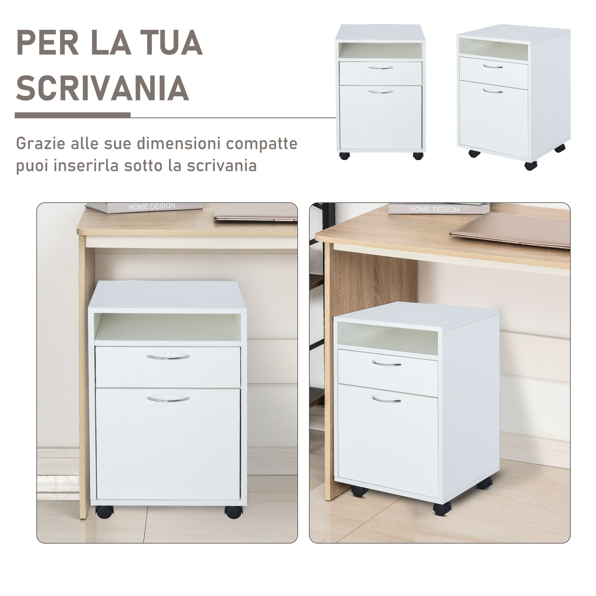 Easycomfort Cassettiera Portadocumenti da Ufficio in Legno Bianco con 2 Cassetti, 4 Ruote Ominidirezionali, 40 x 35 x 60cm