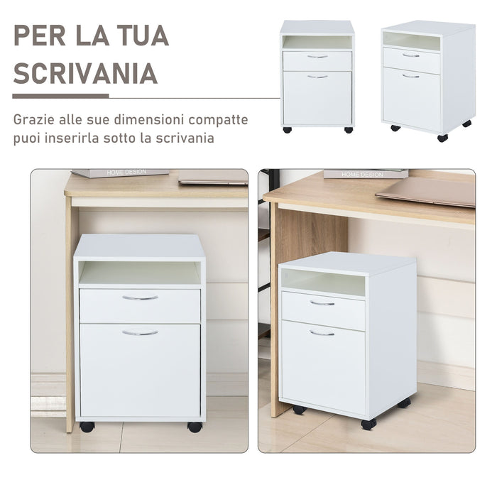 Easycomfort Cassettiera Portadocumenti da Ufficio in Legno Bianco con 2 Cassetti, 4 Ruote Ominidirezionali, 40 x 35 x 60cm