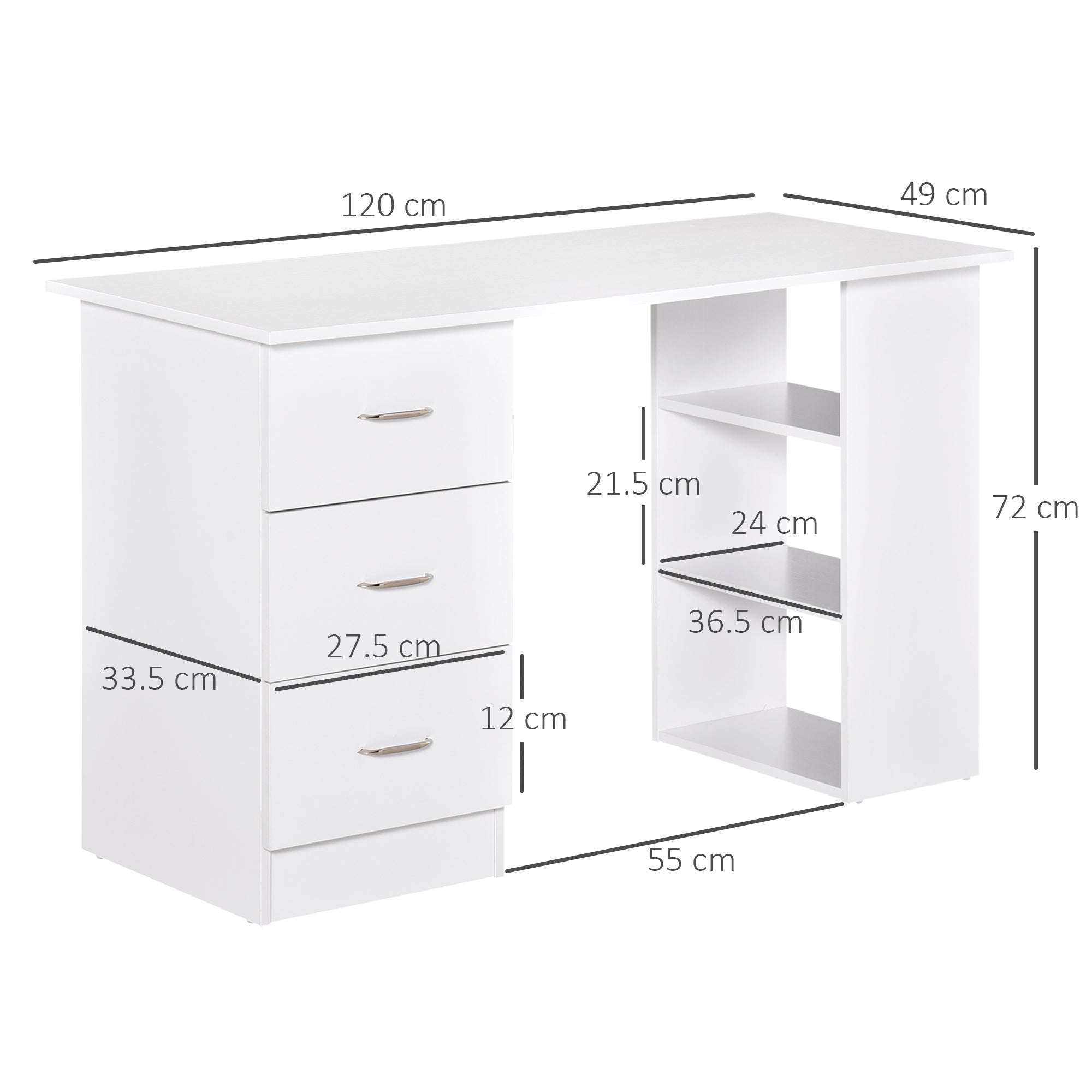 Easycomfort Scrivania Porta PC con 3 Cassetti e 3 Ripiani, Scrivania per Camera e Ufficio in Legno 120x49x72cm Bianco