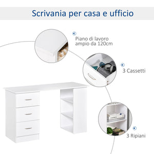 Easycomfort Scrivania Porta PC con 3 Cassetti e 3 Ripiani, Scrivania per Camera e Ufficio in Legno 120x49x72cm Bianco