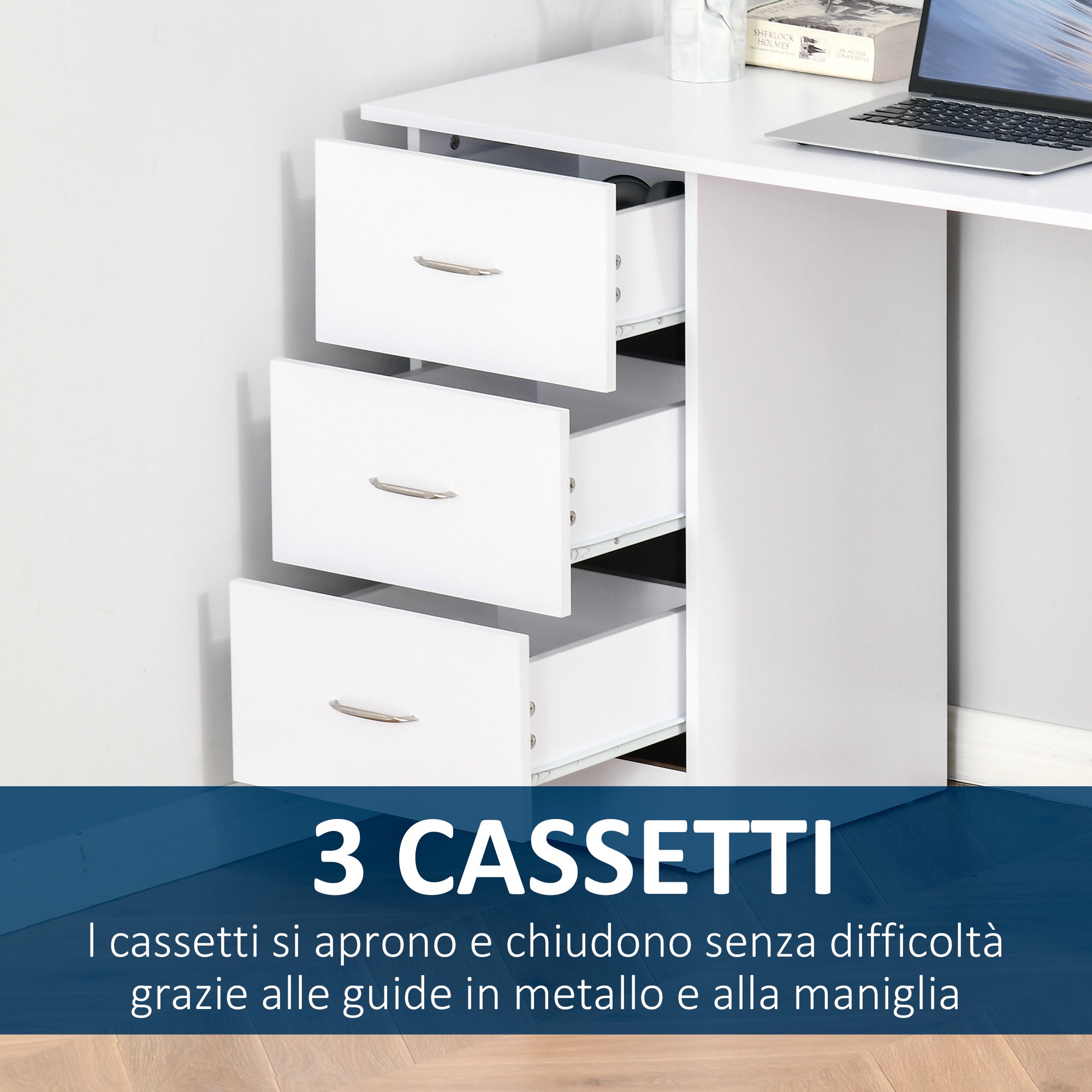 Easycomfort Scrivania Porta PC con 3 Cassetti e 3 Ripiani, Scrivania per Camera e Ufficio in Legno 120x49x72cm Bianco