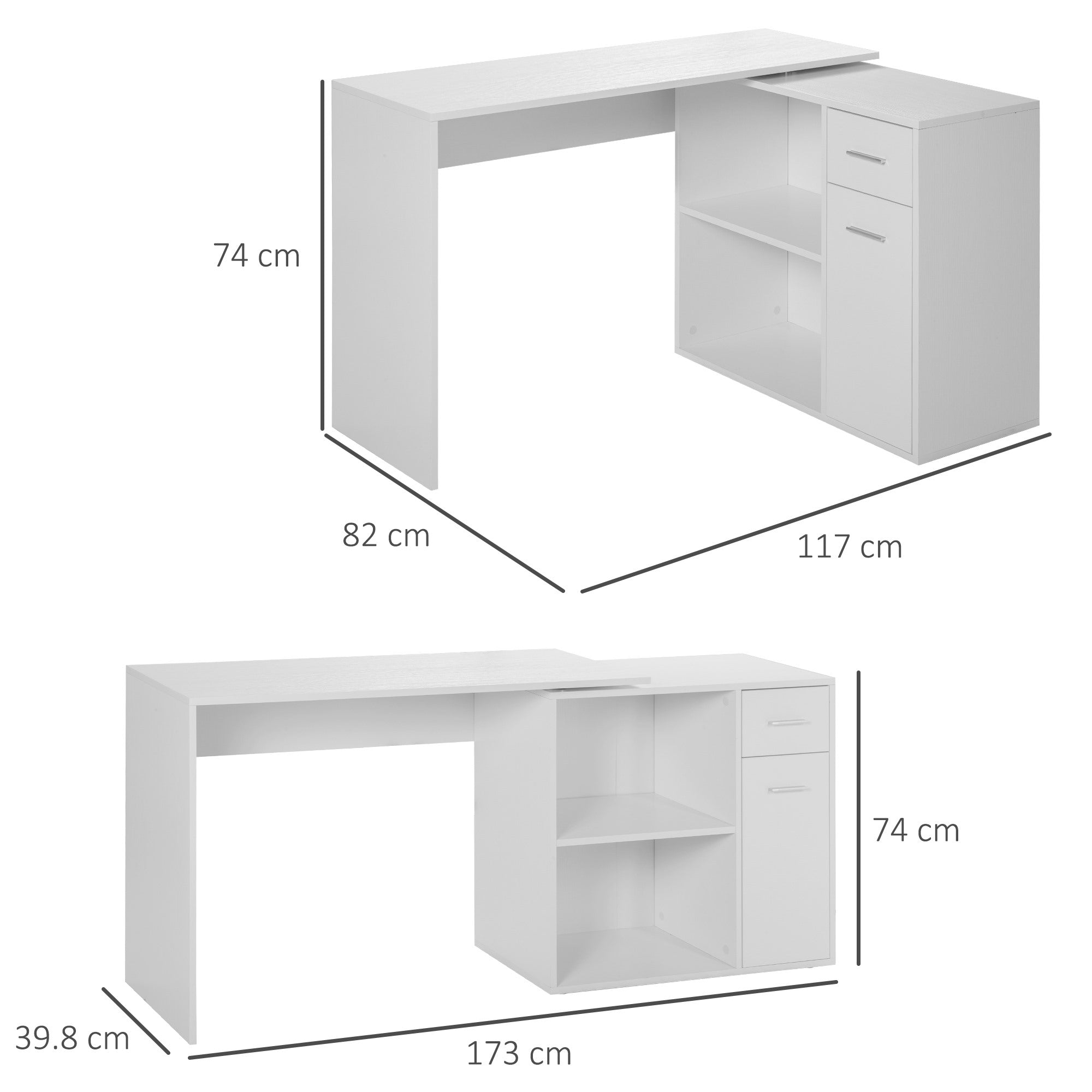 Easycomfort Scrivania Angolare con Libreria Scaffale in Legno Bianco, Tavolo da Pranzo con Rotazione a 360°, 173x39.8x74 cm