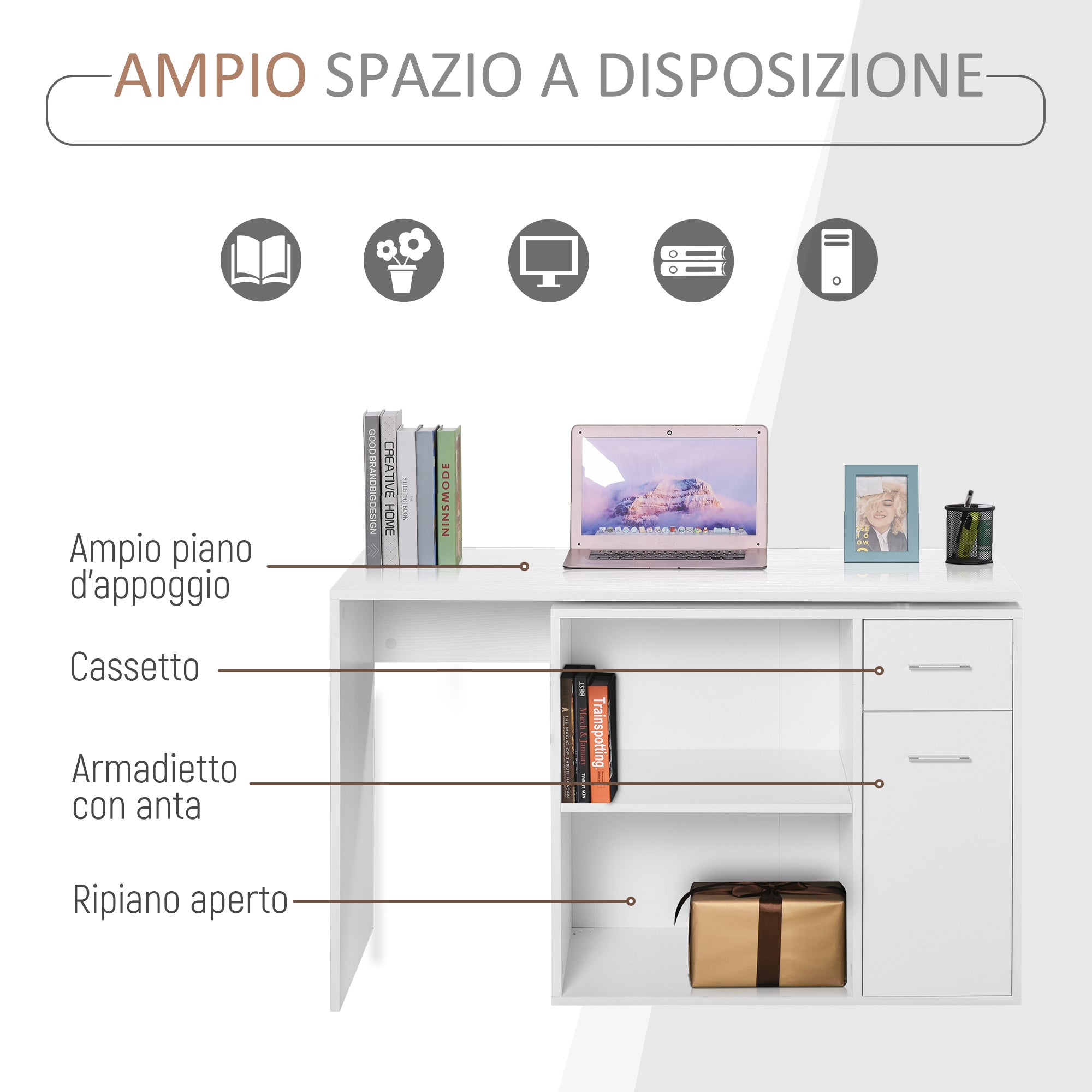 Easycomfort Scrivania Angolare con Libreria Scaffale in Legno Bianco, Tavolo da Pranzo con Rotazione a 360°, 173x39.8x74 cm