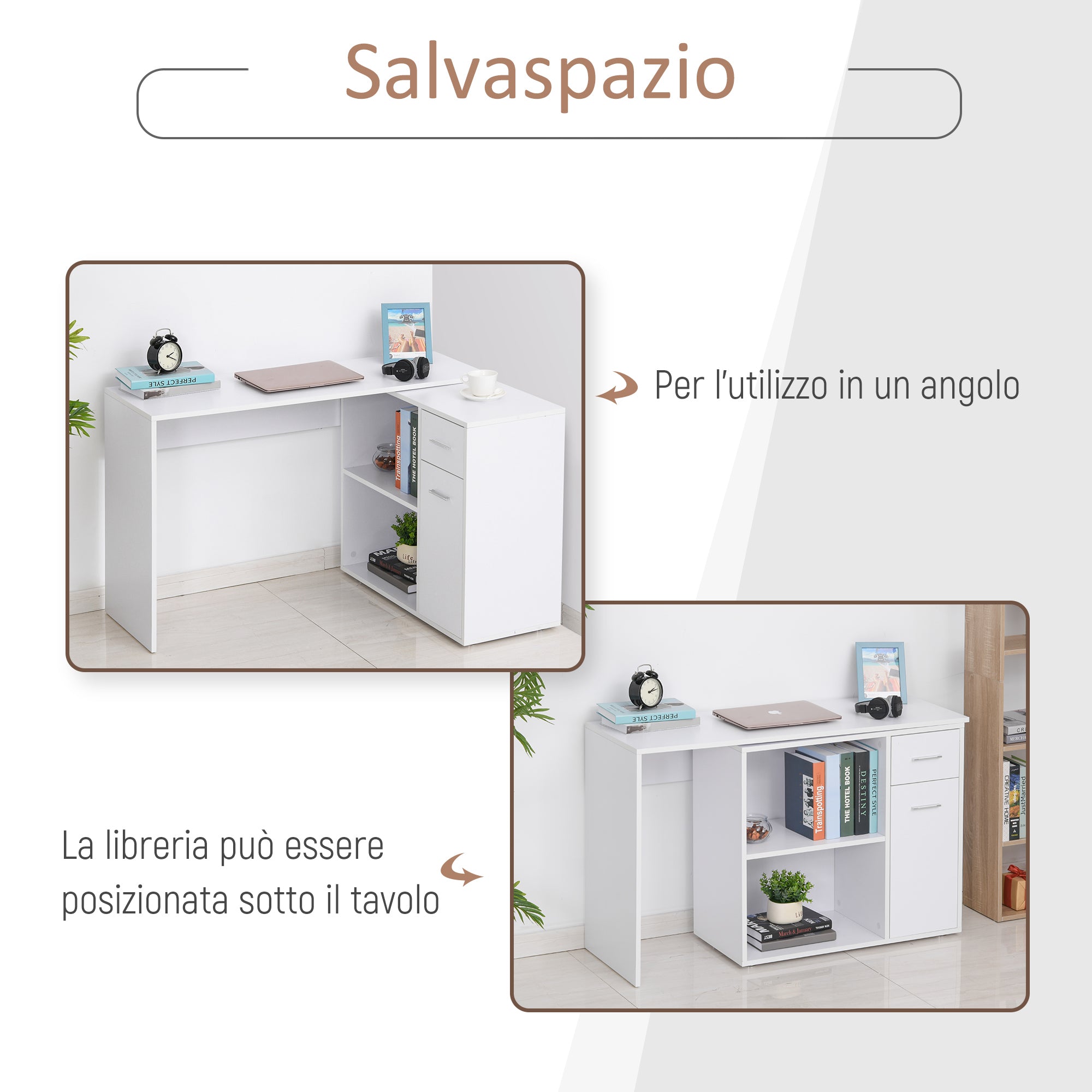 Easycomfort Scrivania Angolare con Libreria Scaffale in Legno Bianco, Tavolo da Pranzo con Rotazione a 360°, 173x39.8x74 cm