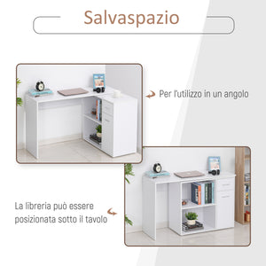 Easycomfort Scrivania Angolare con Libreria Scaffale in Legno Bianco, Tavolo da Pranzo con Rotazione a 360°, 173x39.8x74 cm
