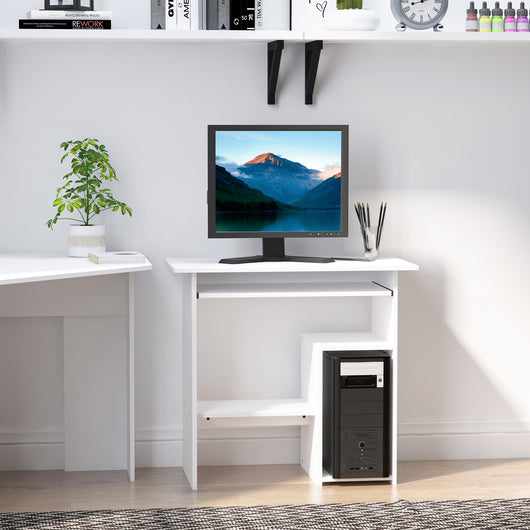 Easycomfort Scrivania Salvaspazio da Casa e Ufficio, Moderna Scrivania per Computer, Porta PC, Ripiano per CPU e Mensola per Tastiera Estraibile in Legno, 80x45x75cm, Bianco
