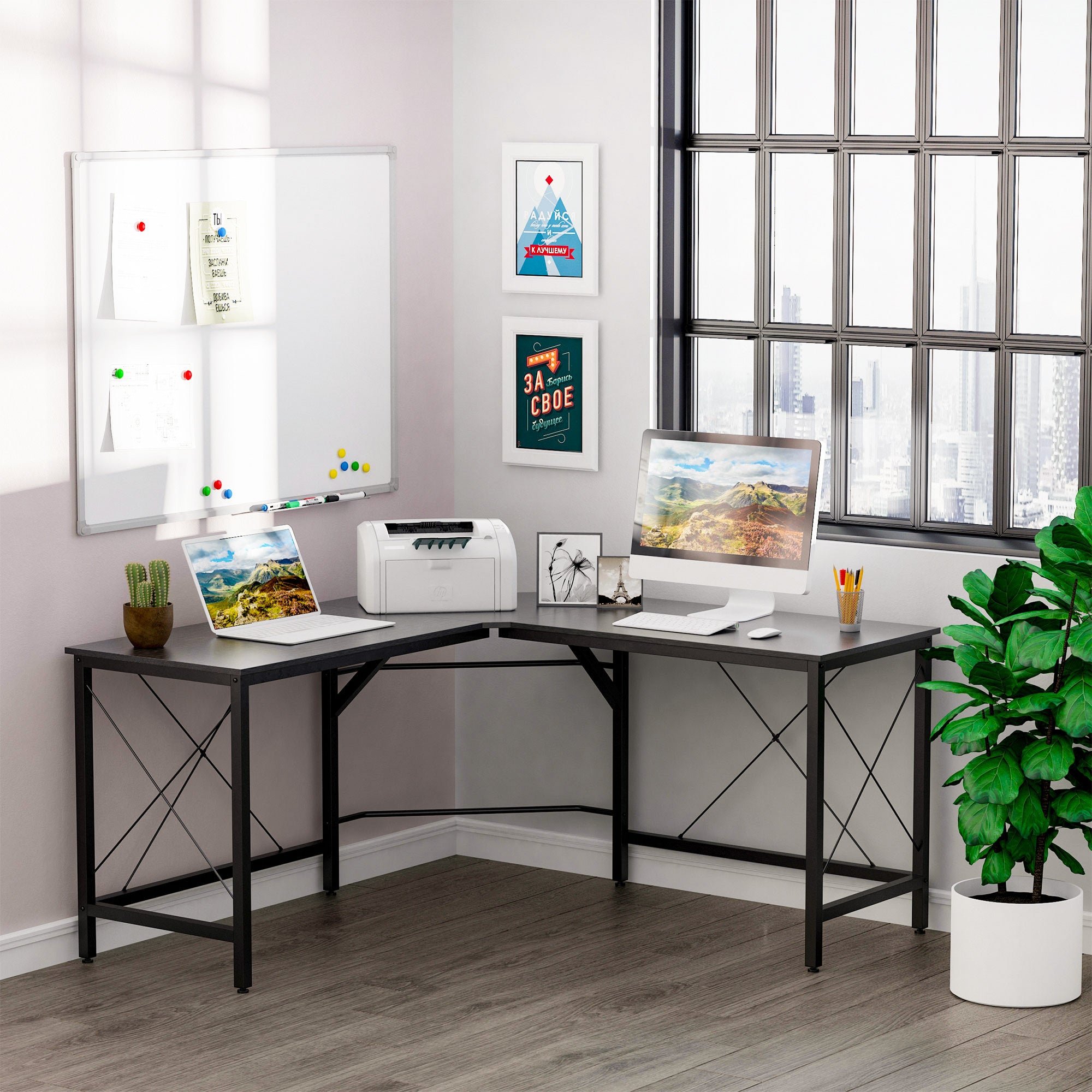 EasyComfort Scrivania Spaziosa Nera e Finitura in Rovere Perfetta Postazione da Lavoro per Casa e Ufficio a Forma di L con Soluzione Angolare Finitura in Rovere 150x150x76cm Nera