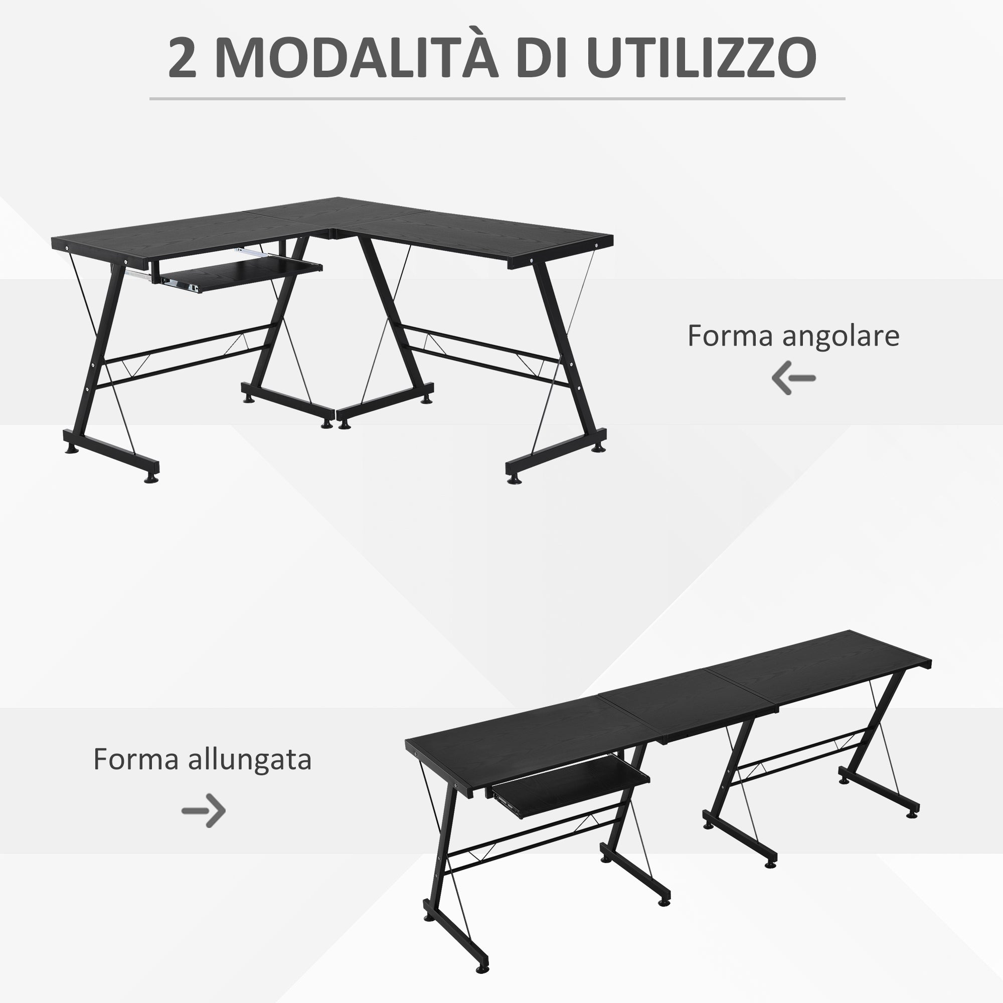 Easycomfort Scrivania Angolare Moderna Nera Dritta Postazione da Lavoro per Computer con Vano Tastiera MDF, Metallo a forma di L: 130L x 130P x 73.5A cm dritta: 210L x 50P x 73.5A cm Nero