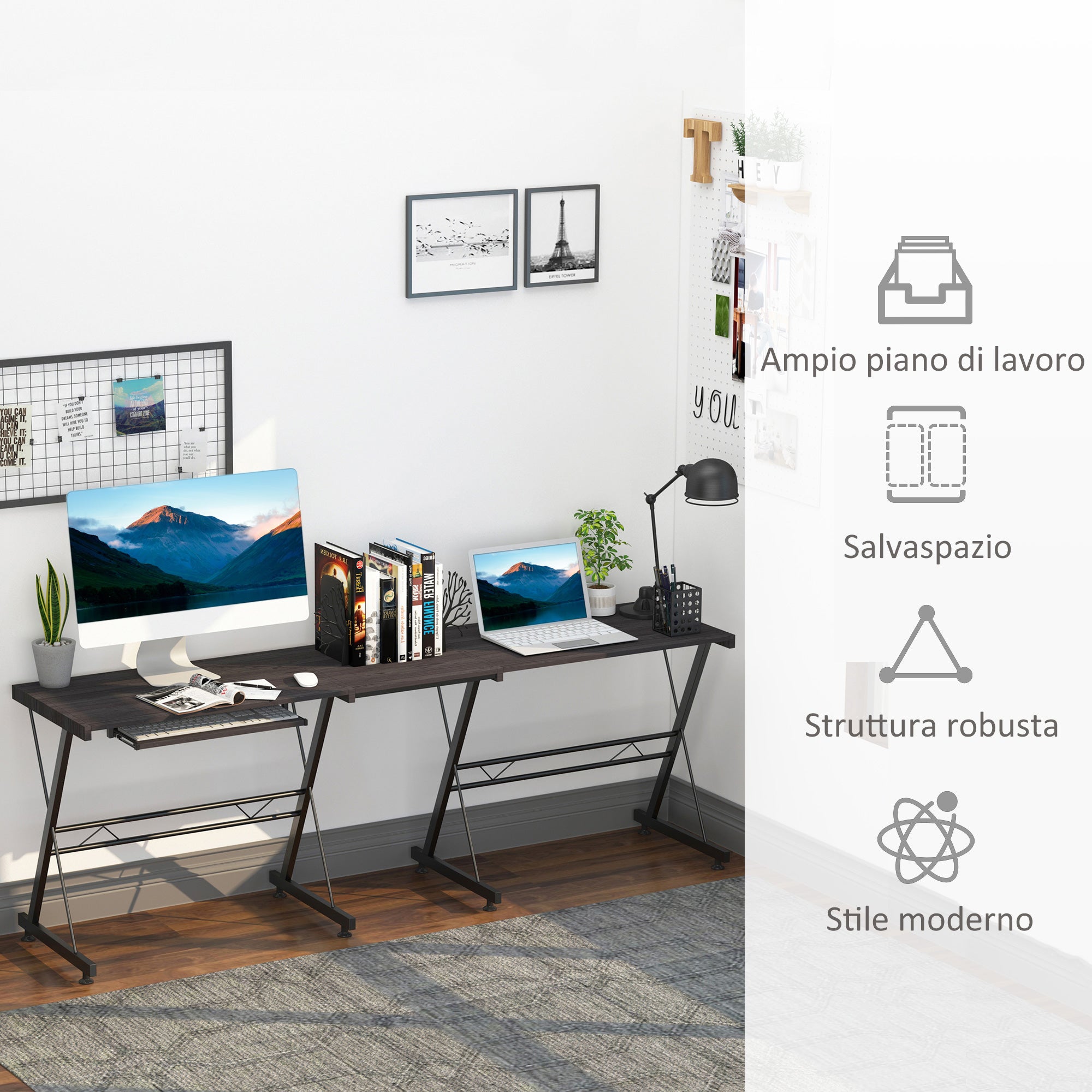 Easycomfort Scrivania Angolare Moderna Nera Dritta Postazione da Lavoro per Computer con Vano Tastiera MDF, Metallo a forma di L: 130L x 130P x 73.5A cm dritta: 210L x 50P x 73.5A cm Nero