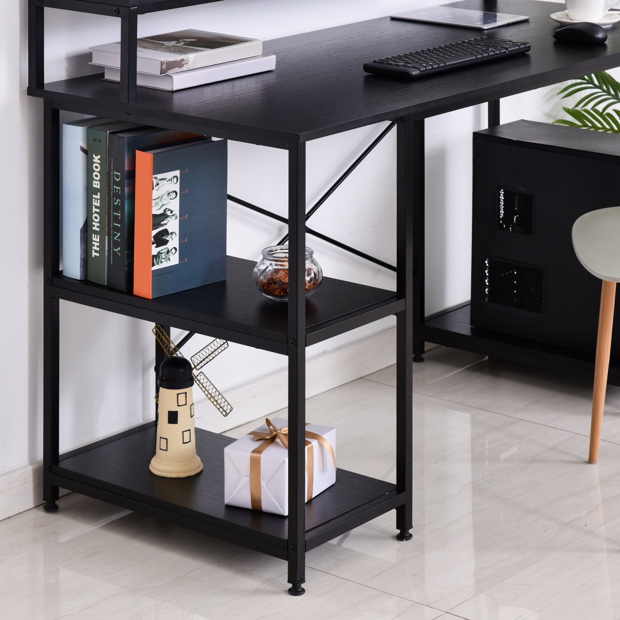 Easycomfort Scrivania per Computer con Ripiani per Monitor e CPU, Scrivania da Ufficio per Casa, Studio e Lavoro, Nera, 140 x 60 x 93cm