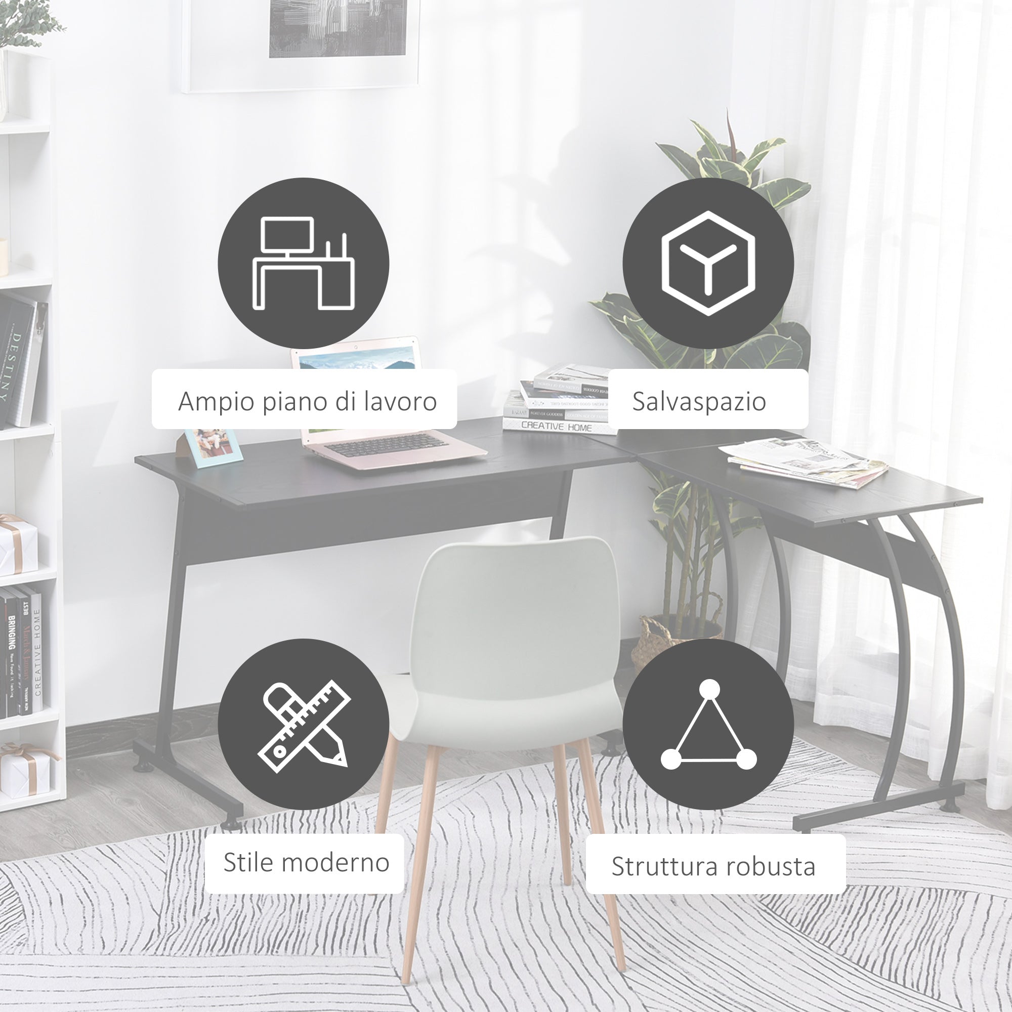 EasyComfort Scrivania Angolo in Legno e Metallo, Nera, 112.5 x 152 x 74cm