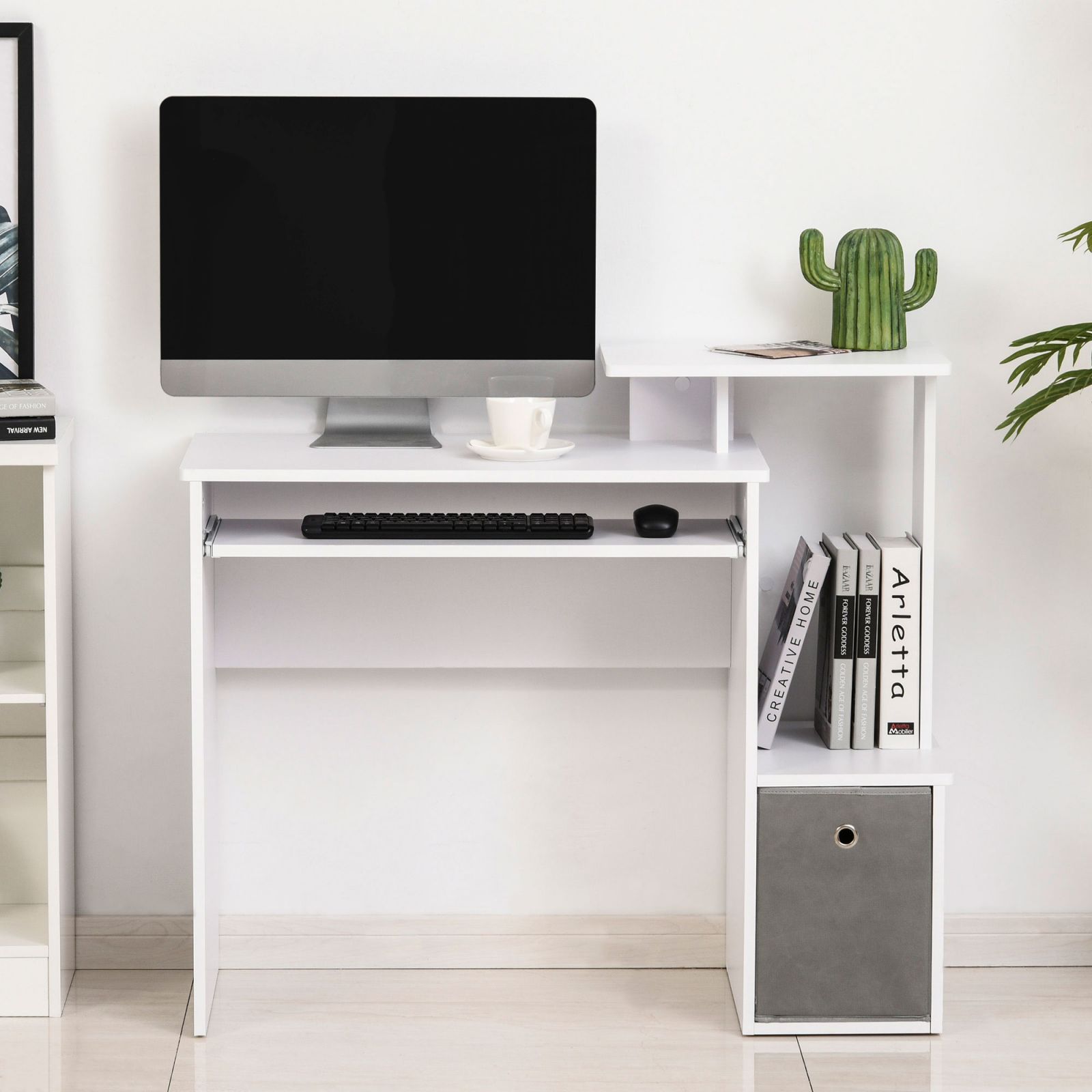 Easycomfort Scrivania Moderna per PC con Mensola Porta Tastiera, Ripiano e Cassetto in Tessuto, in Legno, 100x40x86.6cm, Bianco