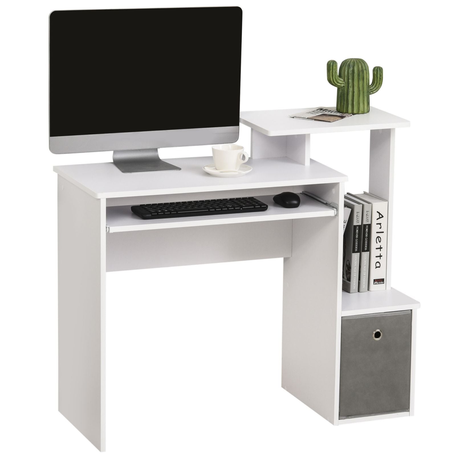 Easycomfort Scrivania Moderna per PC con Mensola Porta Tastiera, Ripiano e Cassetto in Tessuto, in Legno, 100x40x86.6cm, Bianco