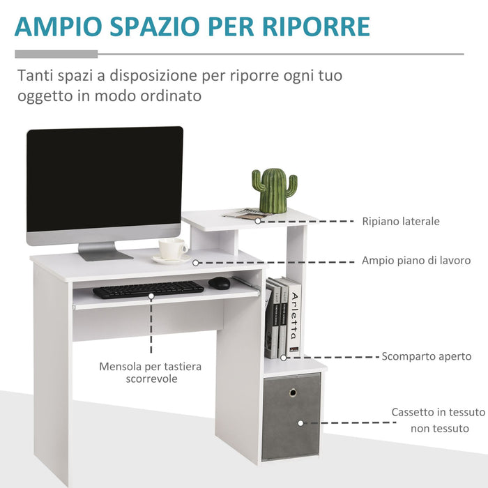 Easycomfort Scrivania Moderna per PC con Mensola Porta Tastiera, Ripiano e Cassetto in Tessuto, in Legno, 100x40x86.6cm, Bianco