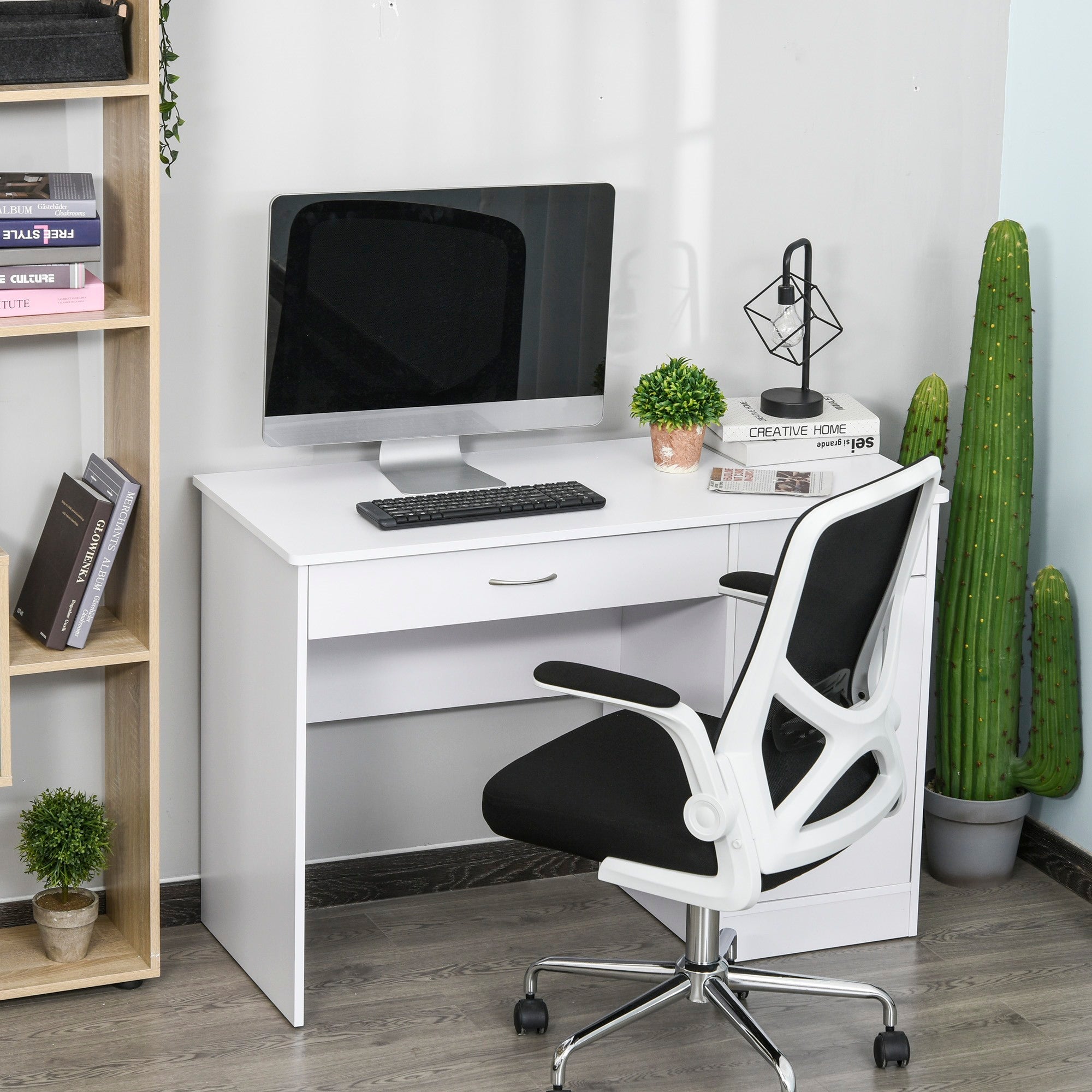 Easycomfort Scrivania Moderna per PC e Computer con 2 Cassetti e 1 Armadietto, Scrivania con Libreria Salvaspazio per Ufficio o Camera in Legno, Bianco
