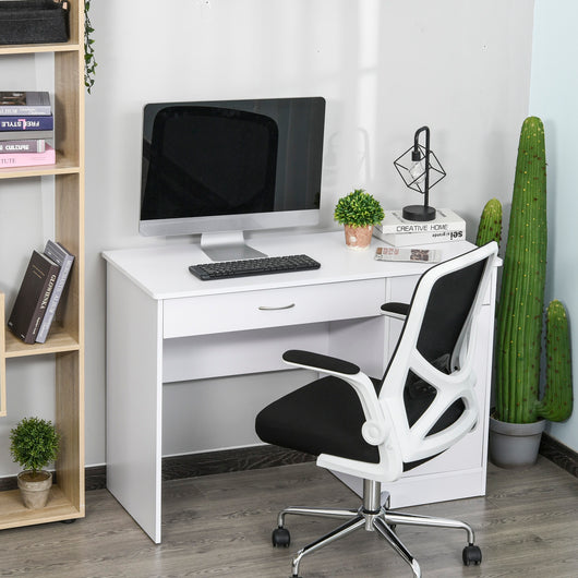 Easycomfort Scrivania Moderna per PC e Computer con 2 Cassetti e 1 Armadietto, Scrivania con Libreria Salvaspazio per Ufficio o Camera in Legno, Bianco