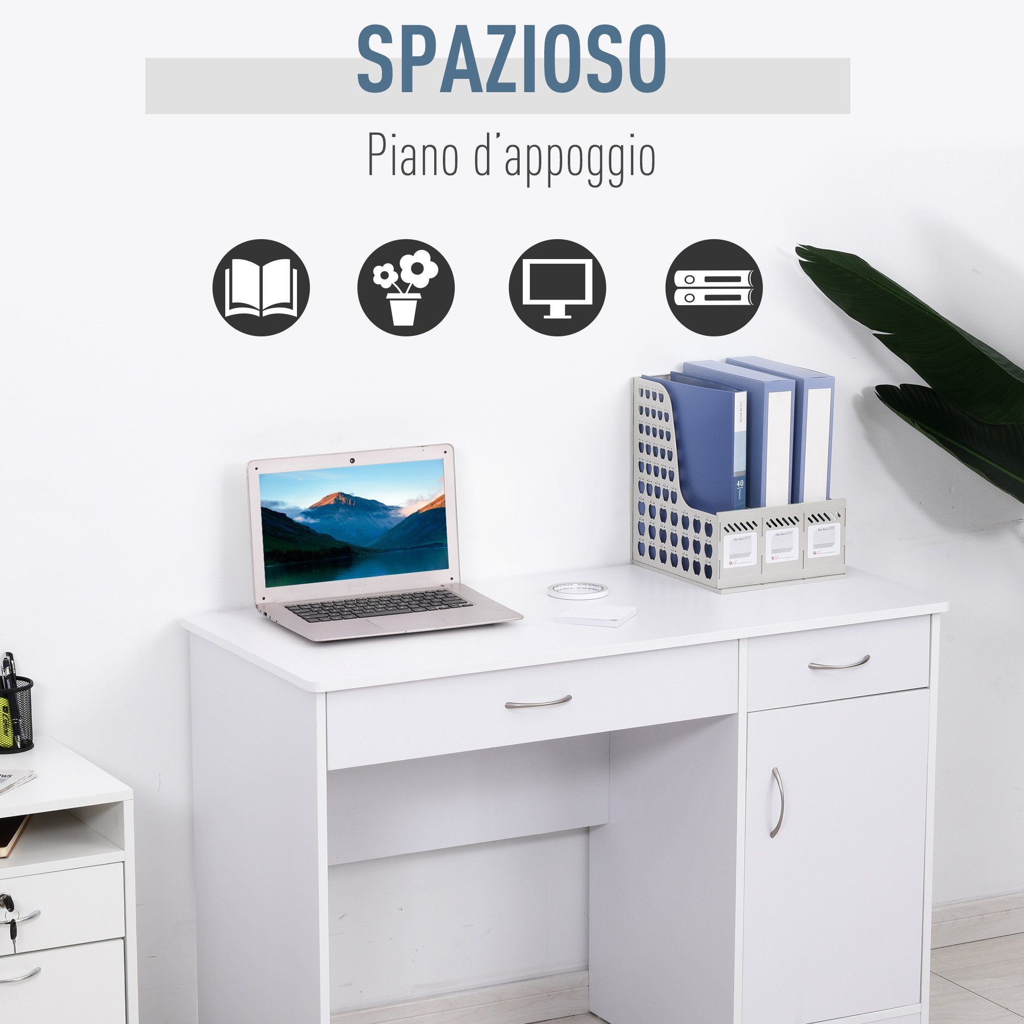 Easycomfort Scrivania Moderna per PC e Computer con 2 Cassetti e 1 Armadietto, Scrivania con Libreria Salvaspazio per Ufficio o Camera in Legno, Bianco