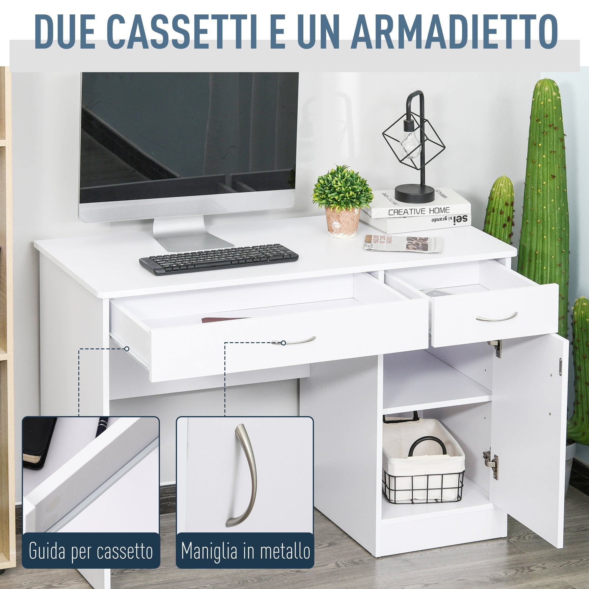 Easycomfort Scrivania Moderna per PC e Computer con 2 Cassetti e 1 Armadietto, Scrivania con Libreria Salvaspazio per Ufficio o Camera in Legno, Bianco