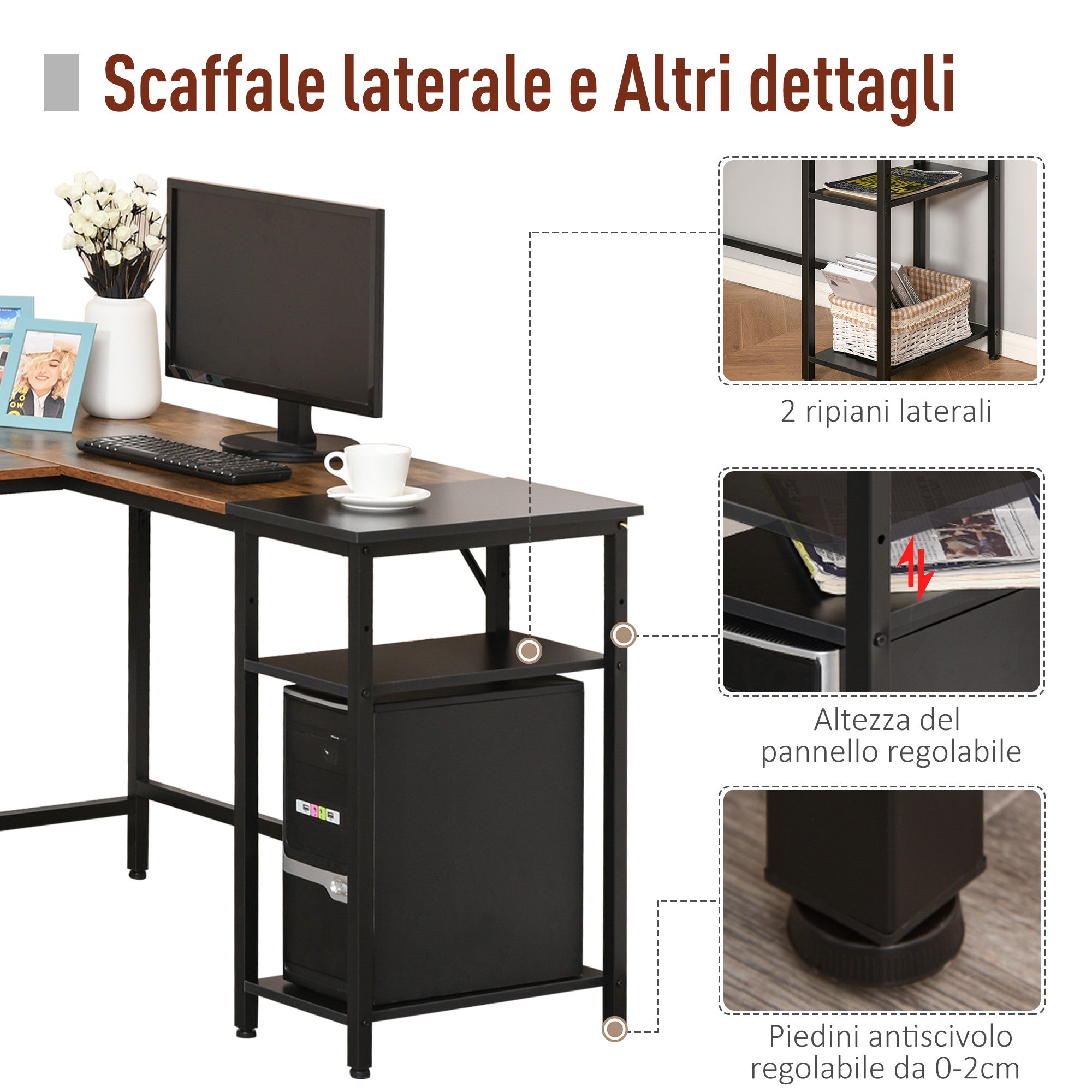 EasyComfort Scrivania Angolare per computer Stile Industriale con Ripiano Laterale Nera