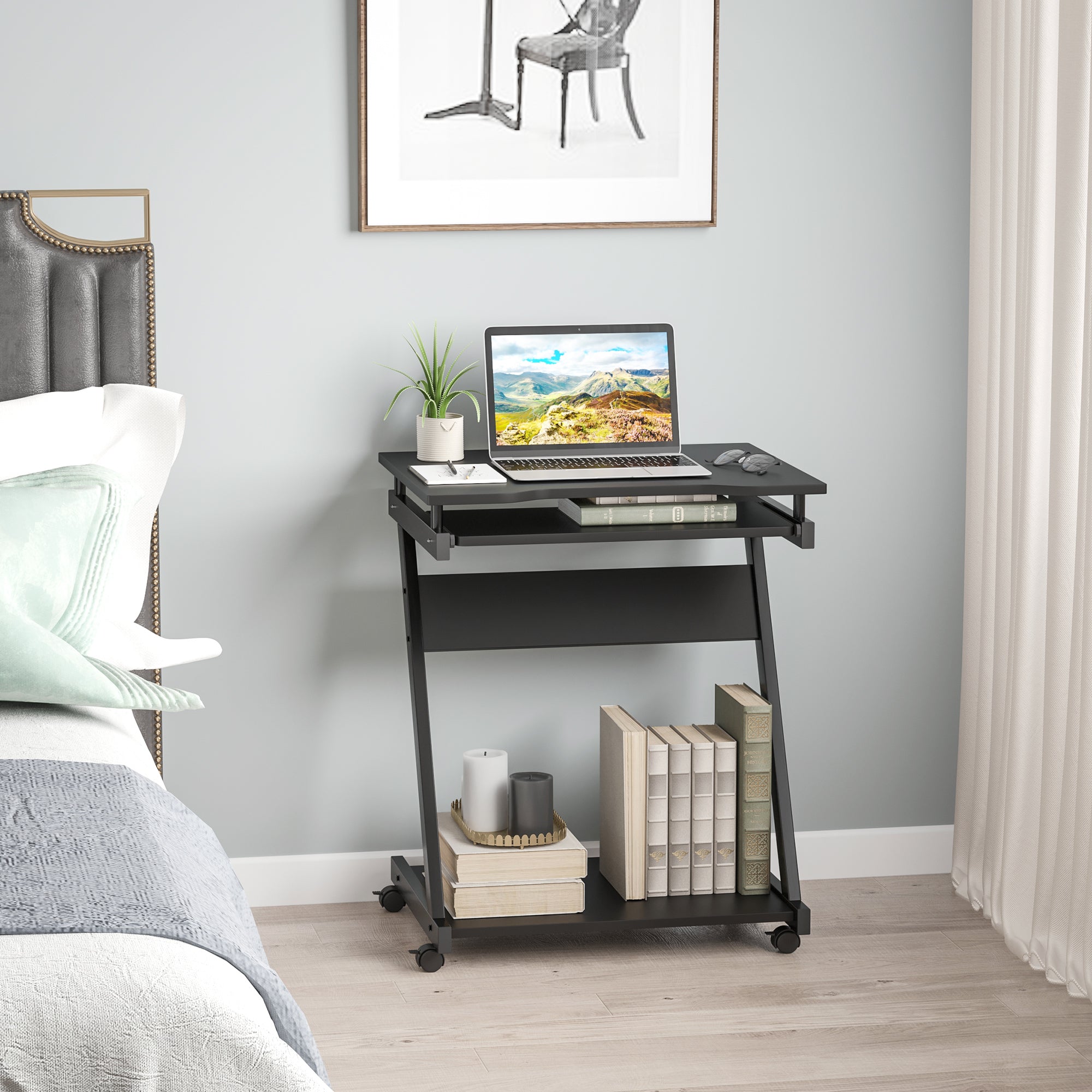 Easycomfort Scrivania per Computer Porta PC Classico e Salvaspazio, Scrivania per cameretta con Piano Tastiera a Scomparsa, 4 Ruote e Ripiano Inferiore Nero 60x48x73cm