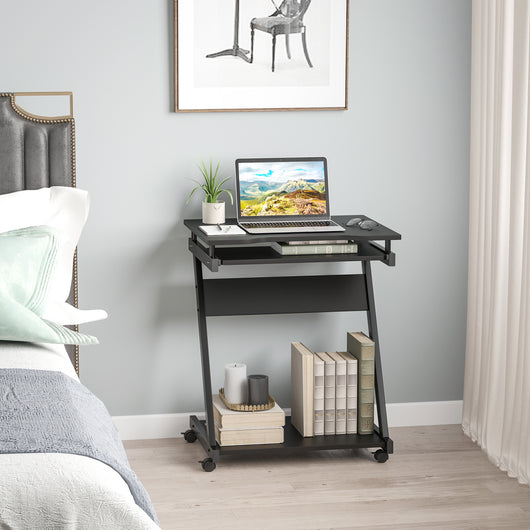 Easycomfort Scrivania per Computer Porta PC Classico e Salvaspazio, Scrivania per cameretta con Piano Tastiera a Scomparsa, 4 Ruote e Ripiano Inferiore Nero 60x48x73cm
