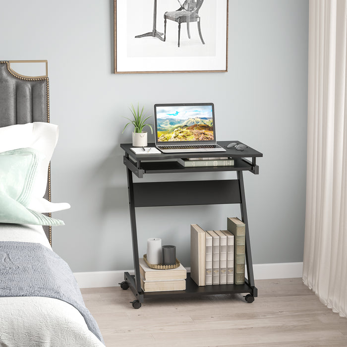 Easycomfort Scrivania per Computer Porta PC Classico e Salvaspazio, Scrivania per cameretta con Piano Tastiera a Scomparsa, 4 Ruote e Ripiano Inferiore Nero 60x48x73cm