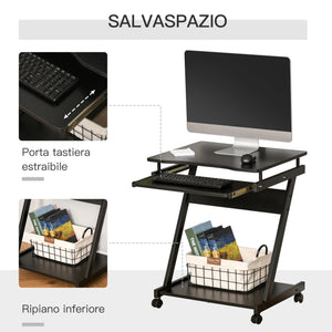 Easycomfort Scrivania per Computer Porta PC Classico e Salvaspazio, Scrivania per cameretta con Piano Tastiera a Scomparsa, 4 Ruote e Ripiano Inferiore Nero 60x48x73cm