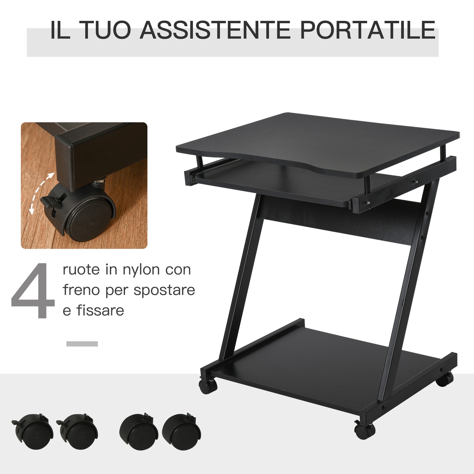 Easycomfort Scrivania per Computer Porta PC Classico e Salvaspazio, Scrivania per cameretta con Piano Tastiera a Scomparsa, 4 Ruote e Ripiano Inferiore Nero 60x48x73cm