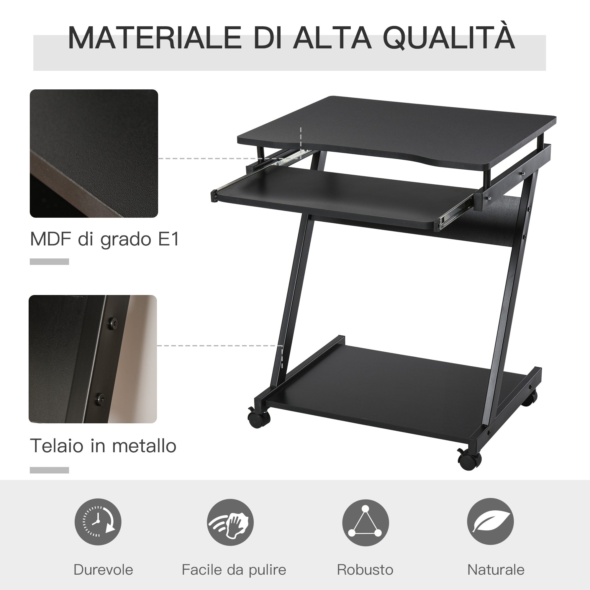 Easycomfort Scrivania per Computer Porta PC Classico e Salvaspazio, Scrivania per cameretta con Piano Tastiera a Scomparsa, 4 Ruote e Ripiano Inferiore Nero 60x48x73cm
