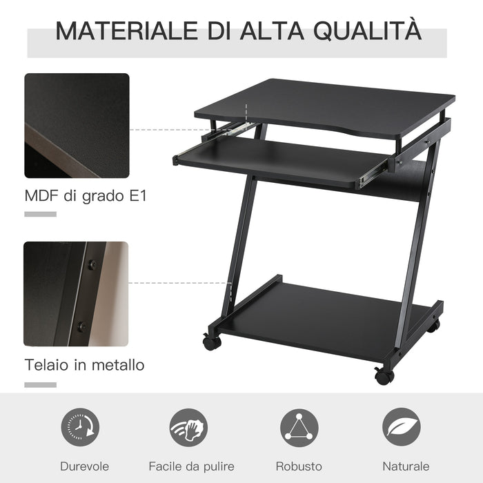 Easycomfort Scrivania per Computer Porta PC Classico e Salvaspazio, Scrivania per cameretta con Piano Tastiera a Scomparsa, 4 Ruote e Ripiano Inferiore Nero 60x48x73cm