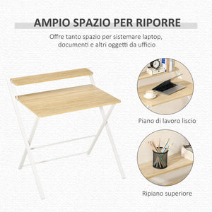 EasyComfort Scrivania Pieghevole Salvaspazio con Mensola Superiore per Camera e Ufficio, 81.5x70x84cm, Color Legno e Bianco