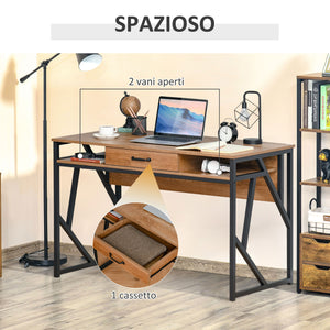 Easycomfort Scrivania Moderna in Metallo e MDF Stile Industriale, Mensole e Cassetto per Casa e Ufficio, 120x60x76cm Nero Marrone