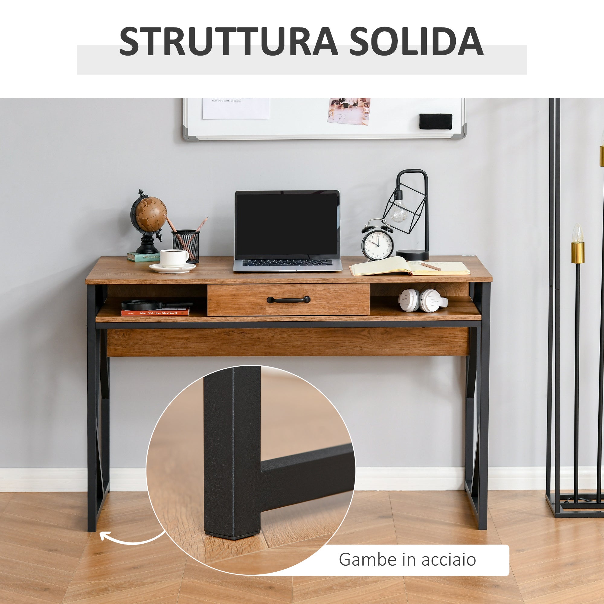 Easycomfort Scrivania Moderna in Metallo e MDF Stile Industriale, Mensole e Cassetto per Casa e Ufficio, 120x60x76cm Nero Marrone