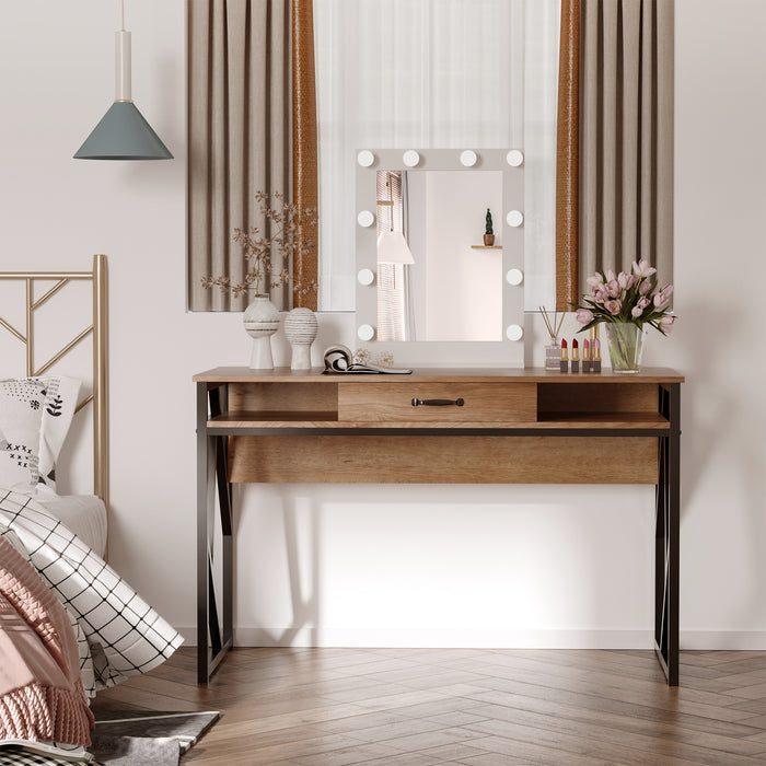 Easycomfort Scrivania Moderna in Metallo e MDF Stile Industriale, Mensole e Cassetto per Casa e Ufficio, 120x60x76cm Nero Marrone