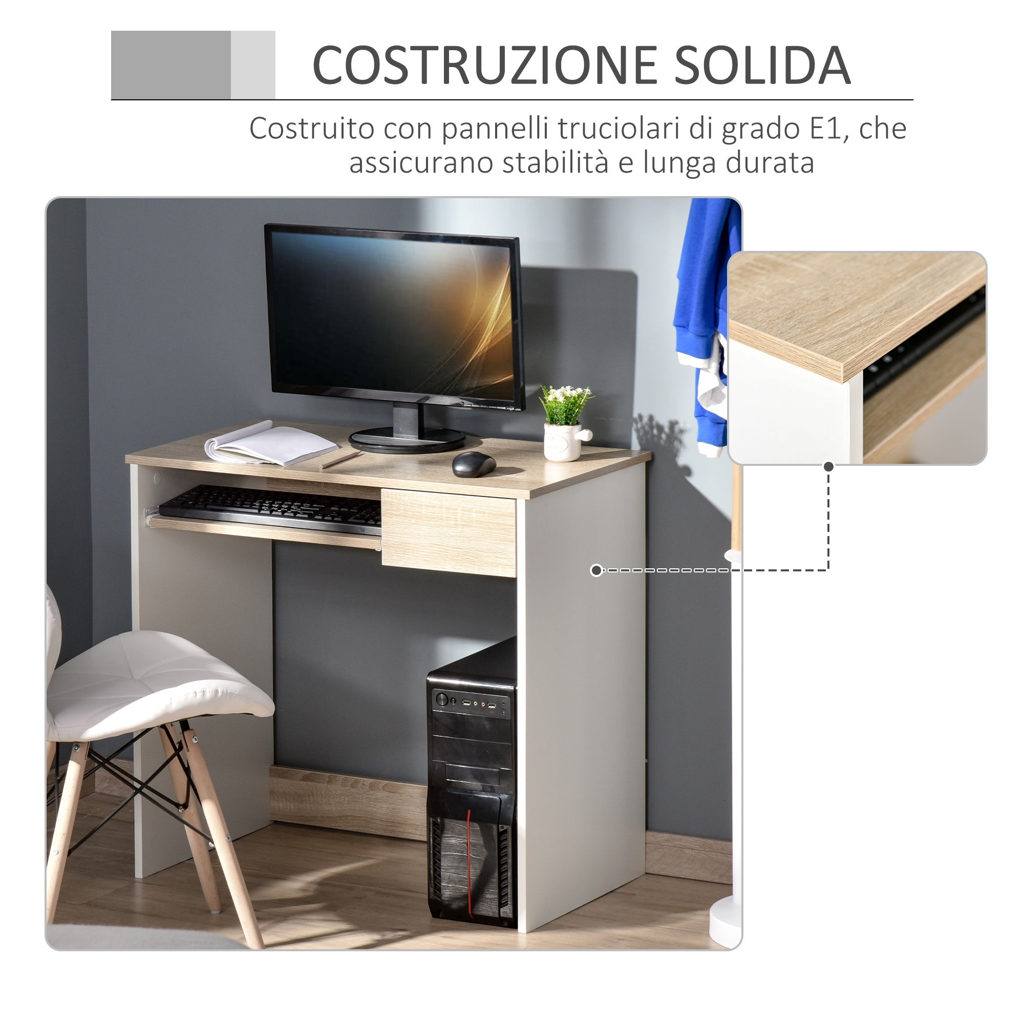 EASYCOMFORT Scrivania per PC con Ripiano Tastiera, Bianco Rovere