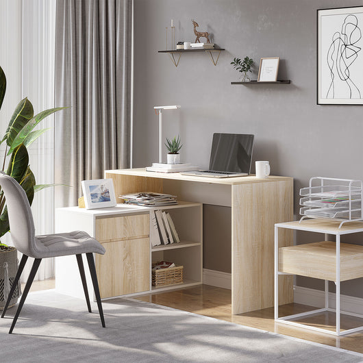 Easycomfort Scrivania Angolare, Scrivania ad Angolo per Computer da Camera o Ufficio, Scrivania Salvaspazio in Legno, Rovere e Bianco