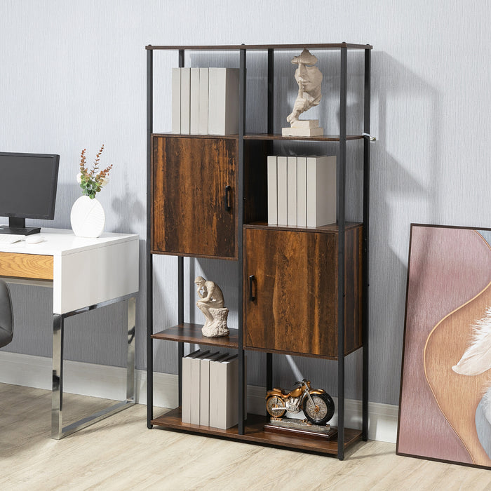 EASYCOMFORT  Libreria Stile Industriale con 4 Ripiani e 2 Armadietti, 90x30x159.5cm, Nero e Marrone
