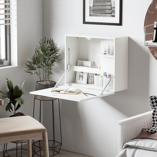 Easycomfort Scrivania a Muro Pieghevole e Salvaspazio con Ripiani, per Casa e Ufficio, in Truciolato e MDF, 60x21.5x50 cm, Bianco