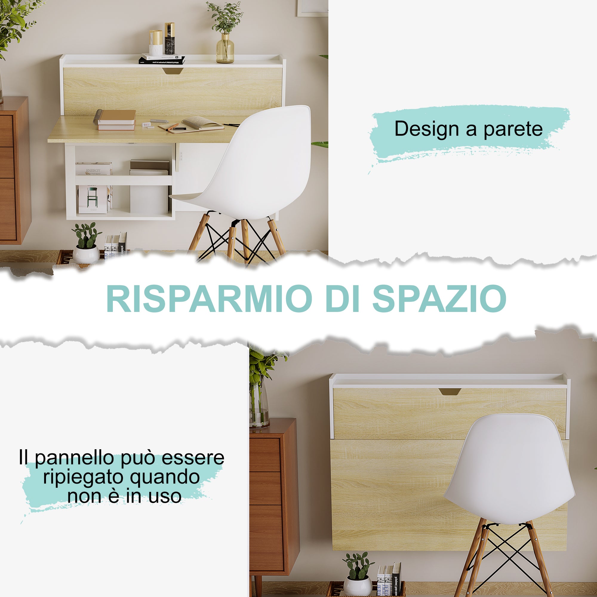 Easycomfort Scrivania a Muro Pieghevole e Salvaspazio con Ripiani, per Casa e Ufficio, in Truciolato, 100x18x74 cm
