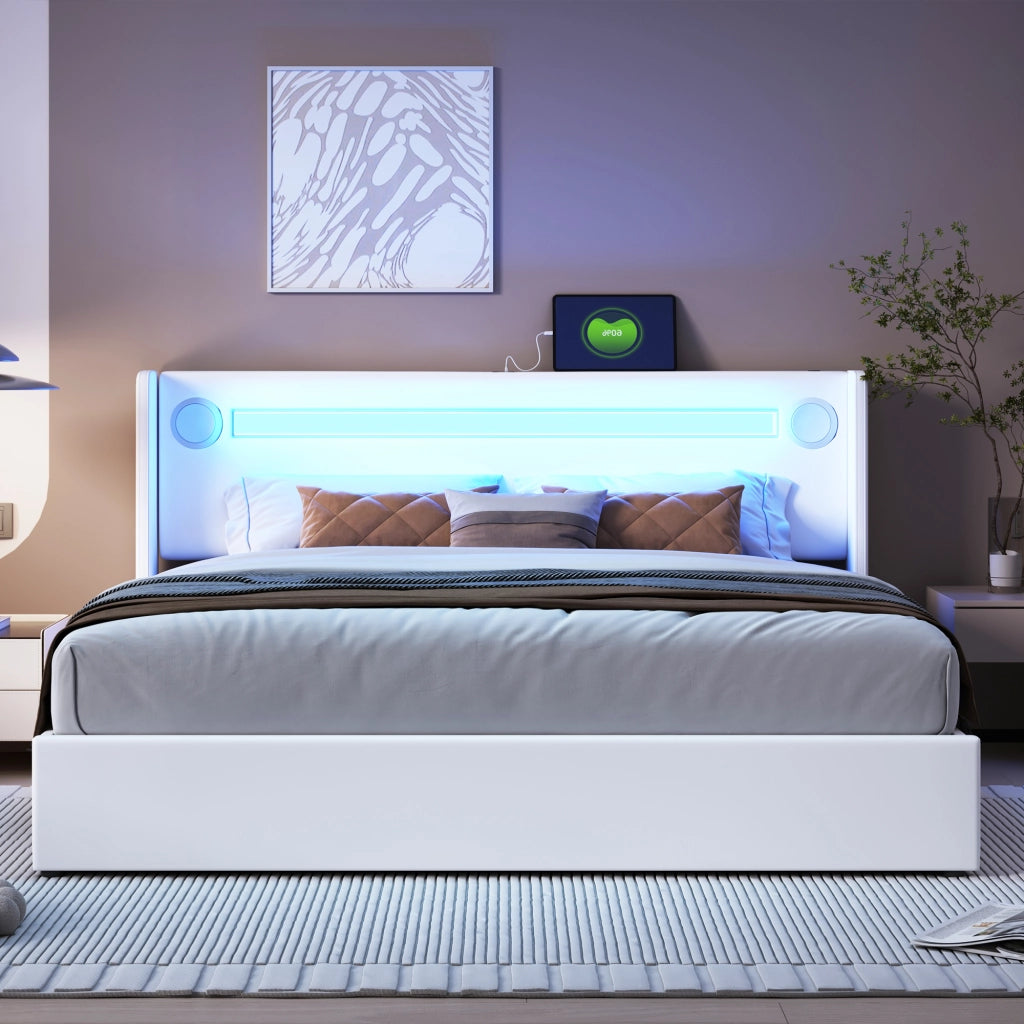 OKWISH Letto Contenitore 160×200 cm, Letto Matrimoniale con LED, Bluetooth, USB e Tipo C, senza Materasso, in Ecopelle, Bianco