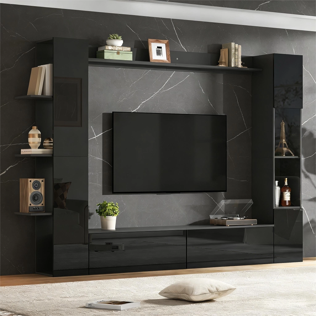 Mobile Soggiorno con Vetrina e TV ¨C Xylo ¨C Nero, con Ante e Ripiani