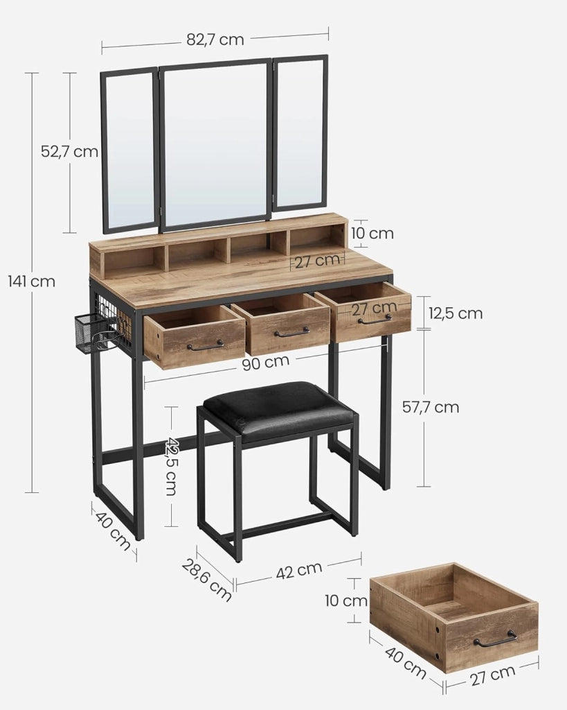 VASAGLE Toeletta con sgabello imbottito, tavolo da toeletta con triplo specchio, 3 cassetti, porta asciugacapelli cosmetico stile industriale, marrone rovere/nero RVT004B50