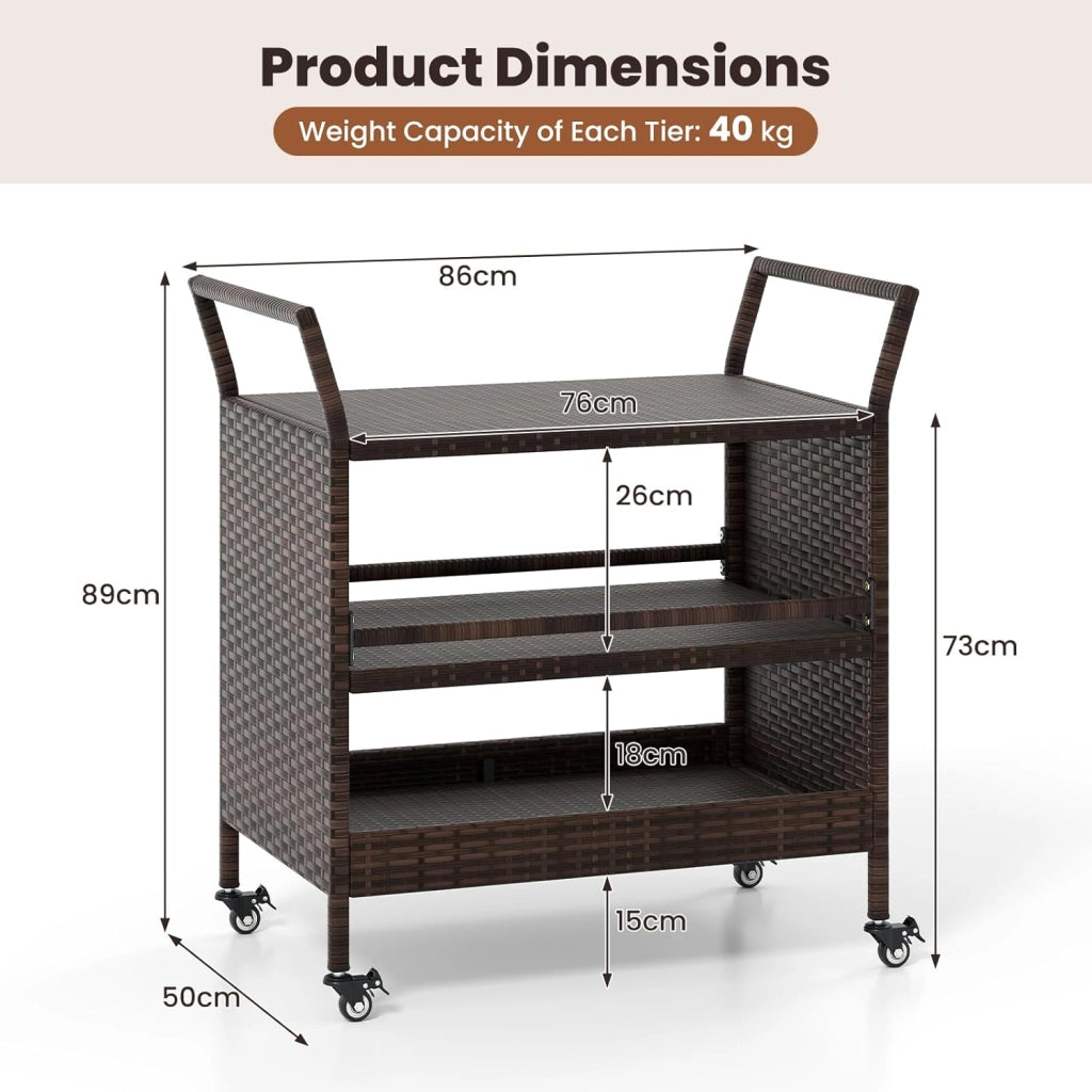 Carrello da portata per esterni, in rattan, da cucina su ruote, con 3 livelli con maniglie laterali, per barbecue, per giardino, piscina, terrazzo, 86 x 50 x 89 cm